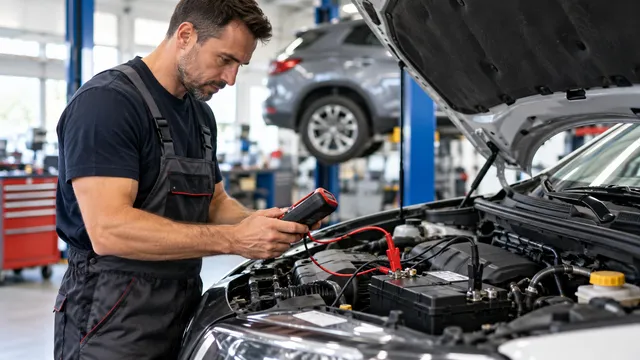 Electrician auto care verifică bateria unei mașini cu un tester digital cu clești roșu și negru prinși pe borne, cu capota ridicată
