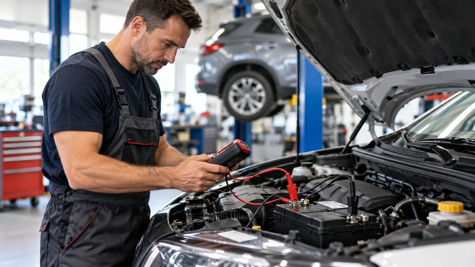 Electrician auto care verifică bateria unei mașini cu un tester digital cu clești roșu și negru prinși pe borne, cu capota ridicată