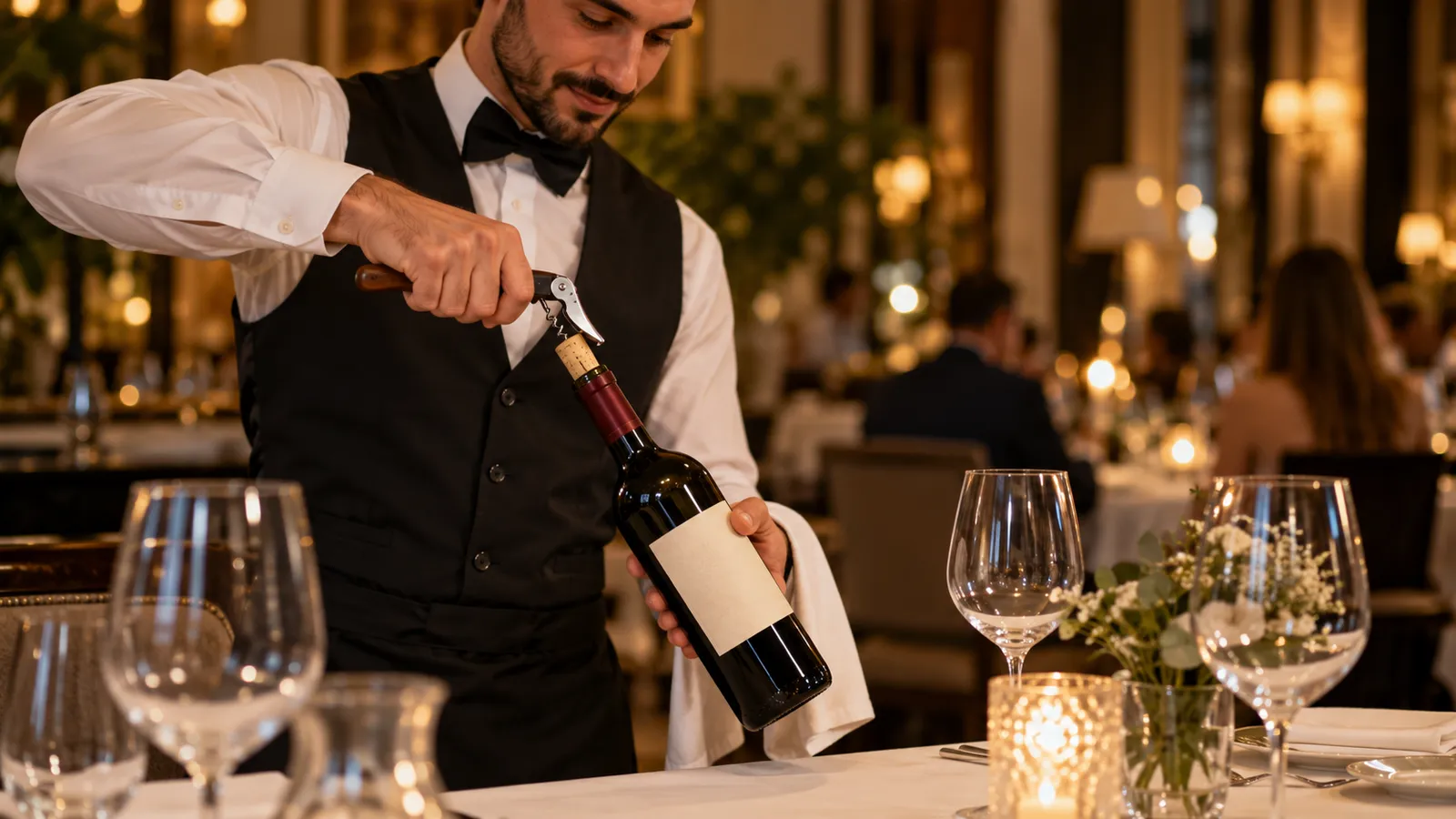 Ospătar care deschide o sticlă de vin roșu cu un tirbușon de somelier cu mâner de lemn, într-un restaurant
