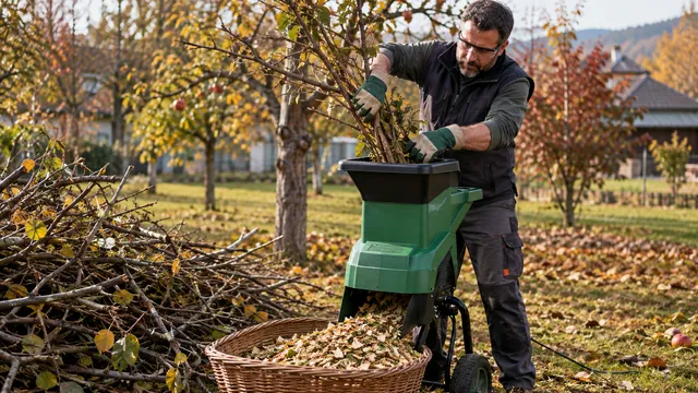 Grădinar cu mănuși și ochelari care introduce crengi tăiate într-un tocător electric verde, într-o grădină cu pomi