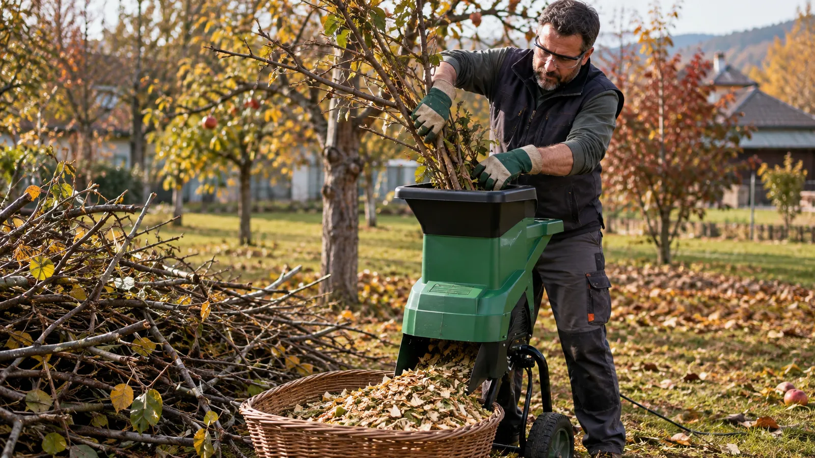 Grădinar cu mănuși și ochelari care introduce crengi tăiate într-un tocător electric verde, într-o grădină cu pomi