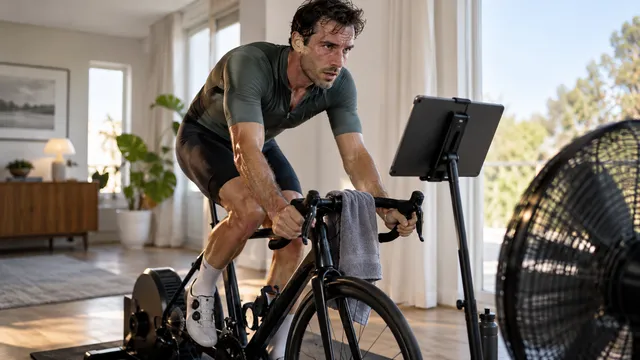 Instructor de ciclism care pedalează în interior pe o bicicletă de șosea montată pe un trainer inteligent, cu ventilator și tabletă pe suport