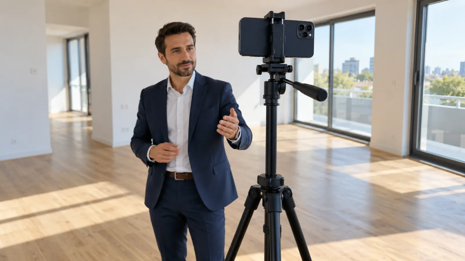 Agent imobiliar care filmează un apartament gol cu telefonul prins pe un trepied înalt, într-un living luminos cu ferestre mari