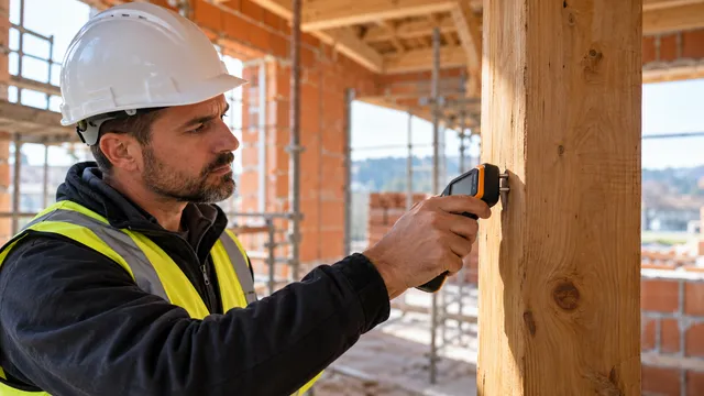 Inginer constructor cu cască albă și vestă reflectorizantă care măsoară umiditatea unei grinzi de lemn cu un umidometru cu pini, într-o casă în construcție