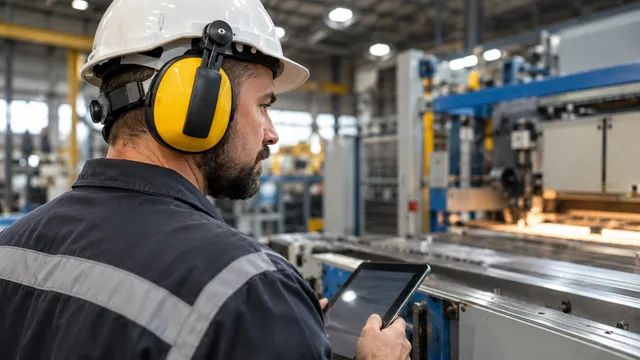 Muncitor cu cască de protecție și antifoane externe galbene cu negru care supraveghează o mașină industrială într-o hală