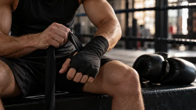 Un boxer adult își înfășoară bandajele negre de box în jurul mâinii, așezat pe marginea ringului