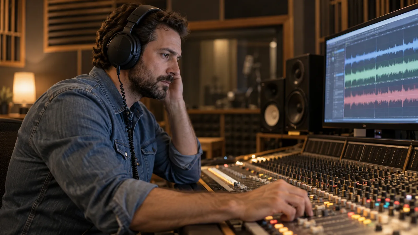 Inginer de sunet cu căști de studio închise, concentrat în fața unei console de mixaj și a unui ecran cu forme de undă