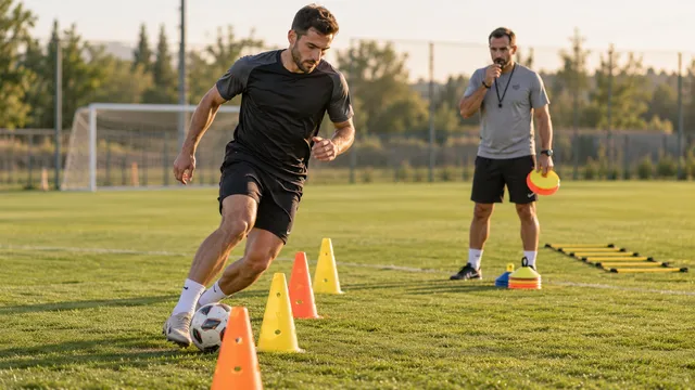 Un fotbalist face slalom cu mingea printre conuri portocalii și galbene pe un teren de fotbal, cu un antrenor, discuri colorate și o scară de agilitate în fundal