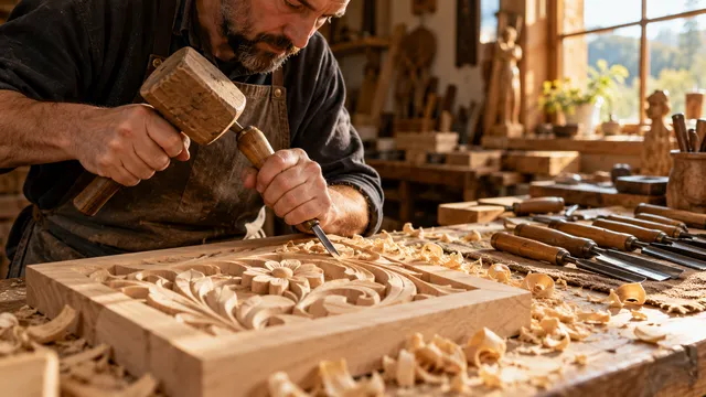 Sculptor în lemn care sculptează un motiv floral într-o placă de tei cu o daltă și un ciocan de lemn, cu un set de dălți pe masă