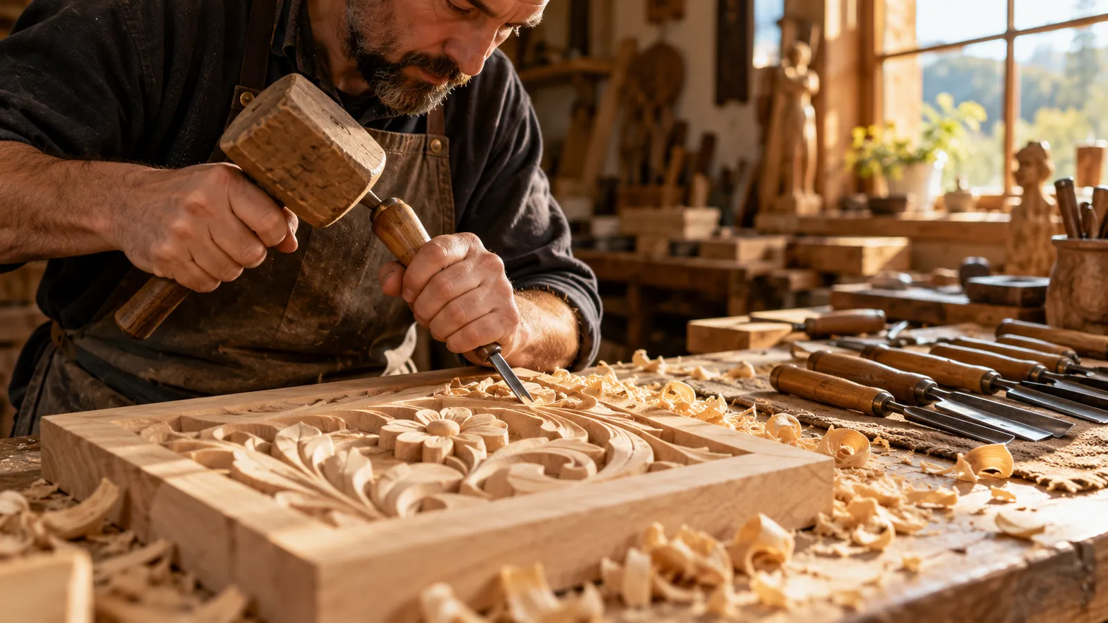 Sculptor în lemn care sculptează un motiv floral într-o placă de tei cu o daltă și un ciocan de lemn, cu un set de dălți pe masă