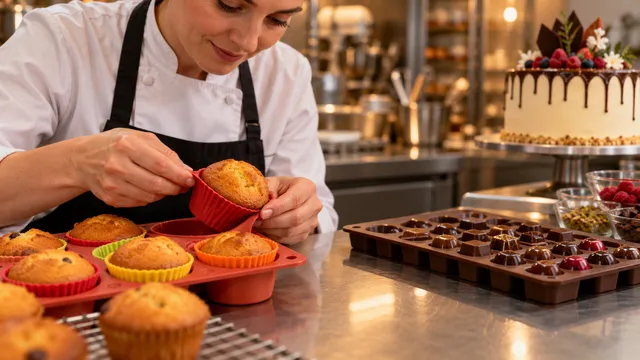 Cofetară care scoate brioșe proaspăt coapte din forme de silicon colorate, pe un blat de inox, cu o tavă de praline și un tort în fundal