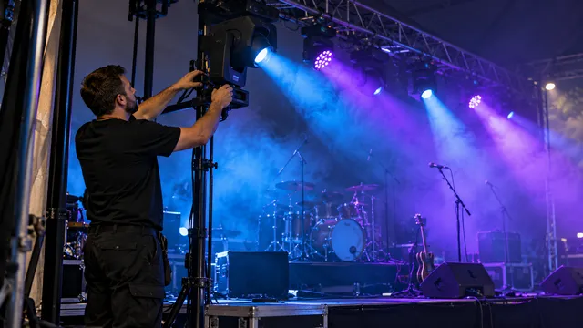 Tehnician de lumini care reglează un proiector cu cap mobil pe un stativ, lângă o scenă de concert cu fascicule albastre și violet