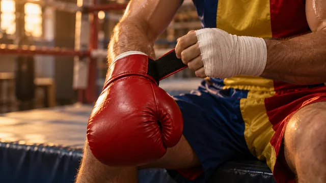Mâinile unui boxer care își strânge mănușile de box roșii cu bandă velcro, pe marginea unui ring, cu bandaje vizibile la încheieturi