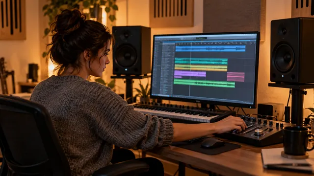 Producătoare muzicală la un birou de home studio, între două monitoare de studio active pe standuri, cu claviatură și ecran de editare