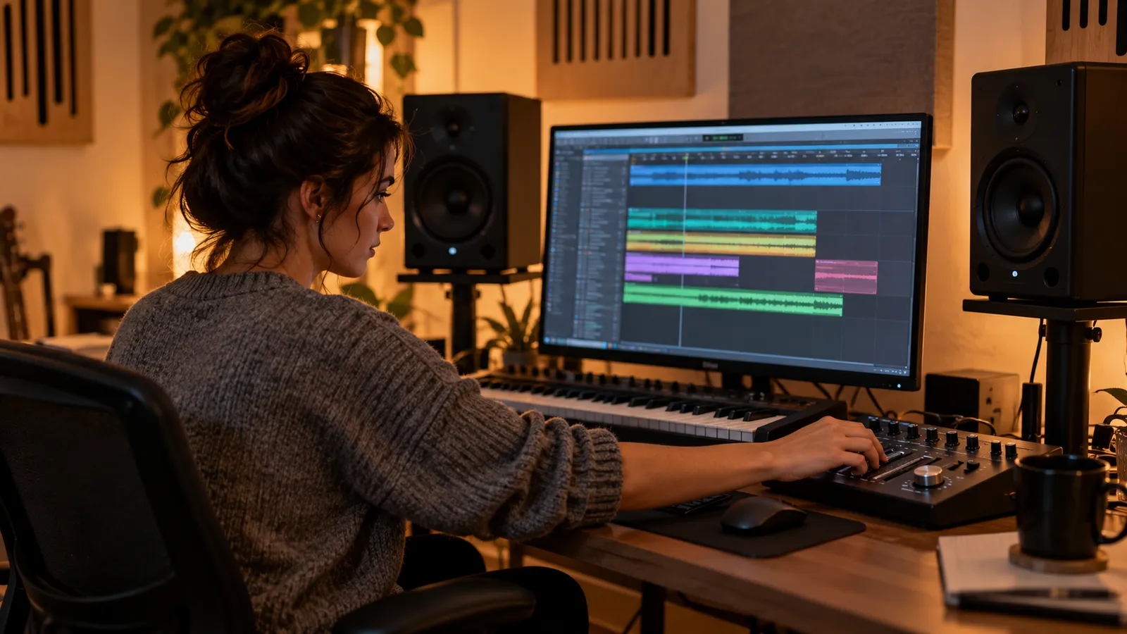 Producătoare muzicală la un birou de home studio, între două monitoare de studio active pe standuri, cu claviatură și ecran de editare