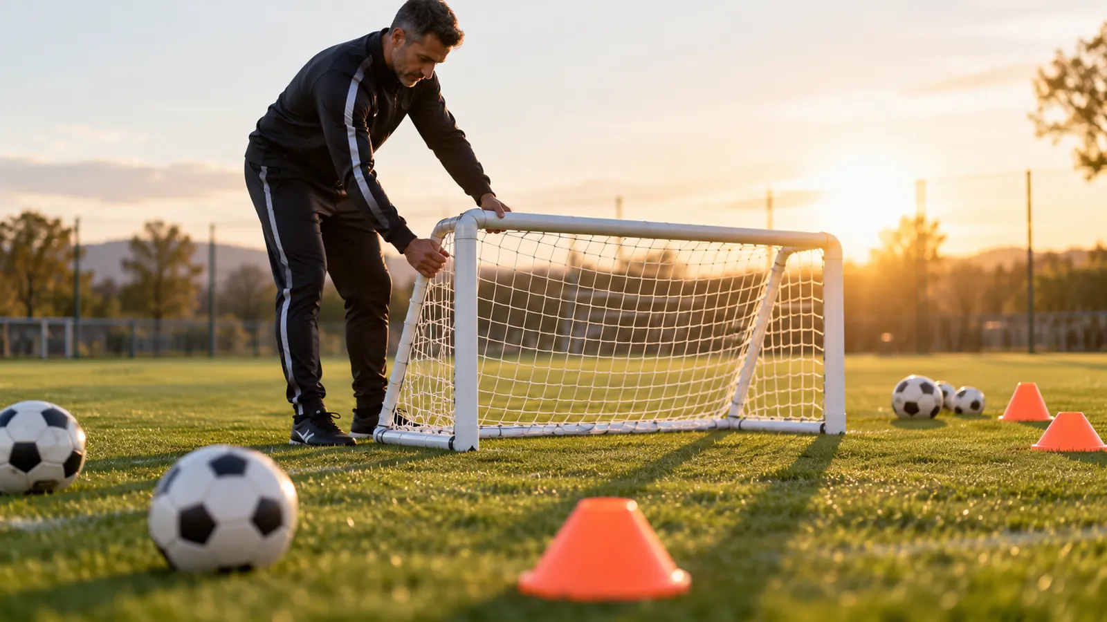 Antrenor de fotbal în trening care așază o poartă mică albă cu plasă pe un teren de antrenament, cu mingi și conuri portocalii pe iarbă