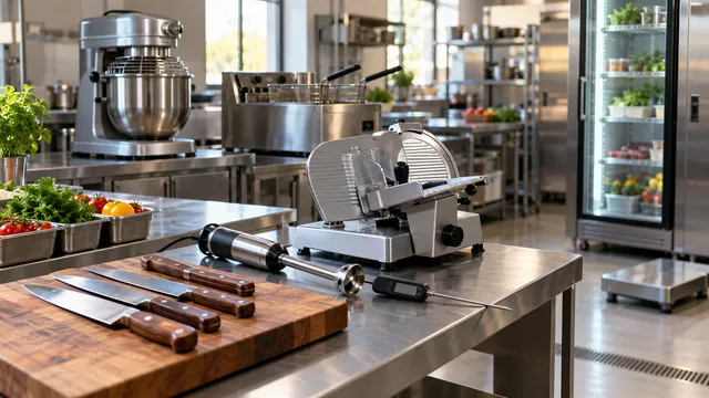Bucătăria profesională a unui restaurant cu mese de inox, un set de cuțite pe tocător, blender vertical, termometru cu sondă și feliator, cu mixer planetar, friteuză, cântar platformă și vitrină frigorifică în fundal