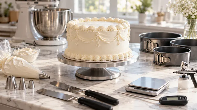 Masa de lucru a unei cofetării cu un tort alb pe platou rotativ, poș cu duze, spatule, cântar de precizie, termometru și forme de tort, cu un mixer planetar în fundal