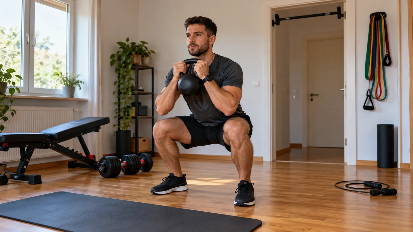 Un bărbat face genuflexiuni cu un kettlebell într-o cameră amenajată ca sală de fitness, cu bancă, gantere, saltea, benzi elastice și bară de tracțiuni