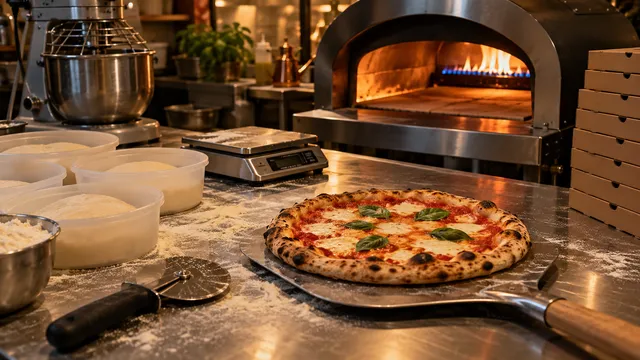Blatul de lucru al unei pizzerii mici cu o pizza margherita pe o lopată de inox, bile de aluat în cutii de dospit, cuțit rotativ, cântar și cutii de pizza, cu un cuptor pe gaz și un malaxor în fundal
