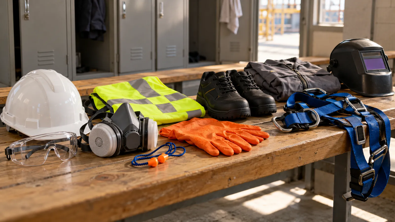 Echipament de protecție a muncii pe o bancă de vestiar: cască albă, ochelari, semimască, antifoane, mănuși portocalii, vestă reflectorizantă, pantofi de protecție, ham de siguranță, salopetă și mască de sudură