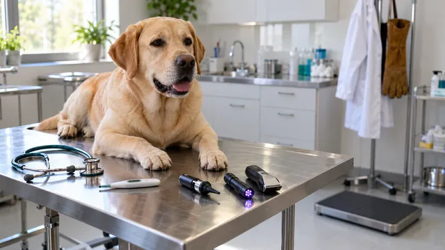 Un câine labrador calm pe masa de examinare dintr-un cabinet veterinar, cu stetoscop, termometru, otoscop, lanternă UV și mașină de tuns alături și un cântar pentru animale pe podea