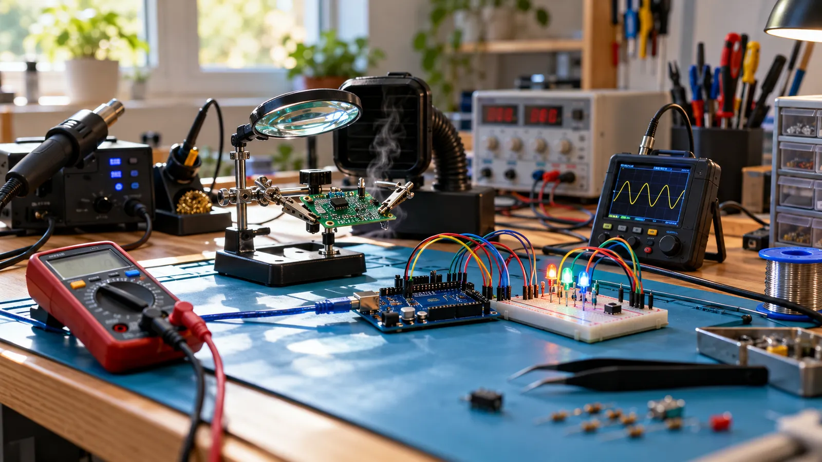 Masa de lucru a unui pasionat de electronică cu stație de lipit, placă Arduino pe breadboard cu LED-uri aprinse, multimetru, osciloscop portabil, lupă cu cleme și absorbant de fum