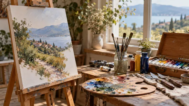 Un colț de atelier de pictură cu un șevalet de lemn și o pânză începută, tuburi de culori acrilice și de ulei, pensule într-un borcan, spatule și o paletă de lemn pe masă