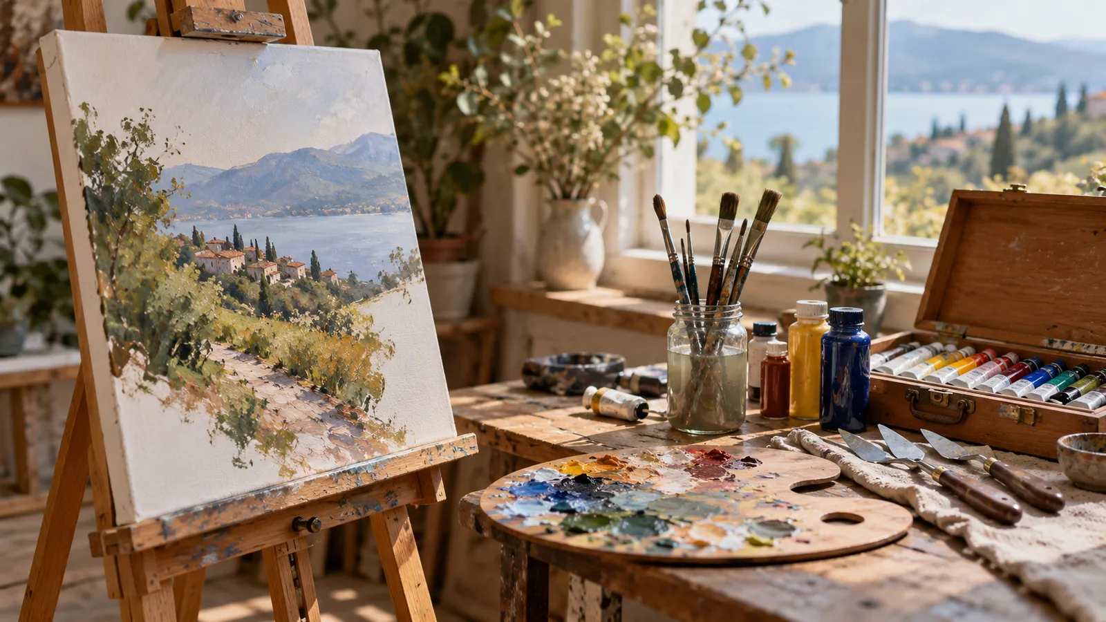 Un colț de atelier de pictură cu un șevalet de lemn și o pânză începută, tuburi de culori acrilice și de ulei, pensule într-un borcan, spatule și o paletă de lemn pe masă