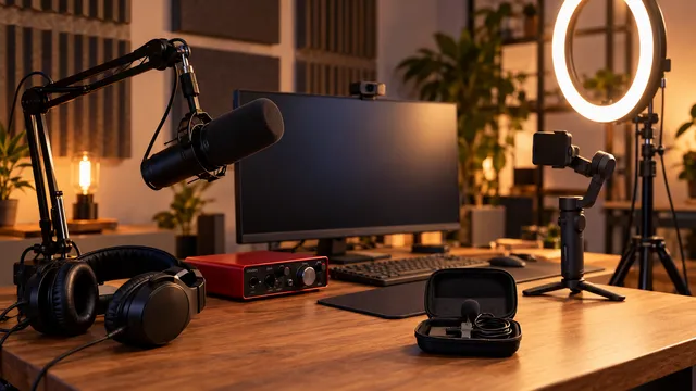 Un mic studio de podcast acasă, cu microfon pe braț articulat, căști de studio, interfață audio, cameră web, ring light pe trepied și un gimbal pentru telefon