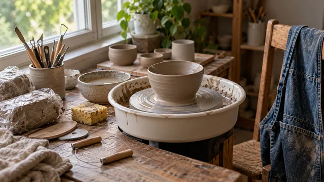 O masă de lucru pentru ceramică cu o roată de olar electrică mică și un vas de lut în formare, unelte de modelaj, sârmă de tăiat lut, burete și vase mici la uscat