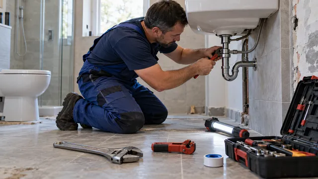 Un instalator strânge cu un clește un racord sub chiuvetă, cu cheie reglabilă, tăietor de țeavă, bandă de teflon și lampă de inspecție lângă el