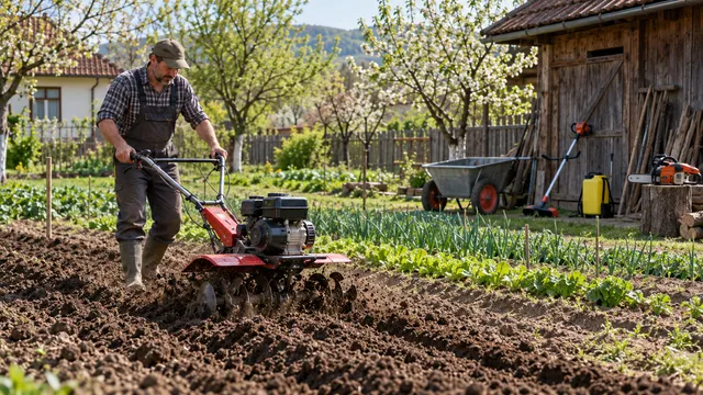 Un fermier lucrează pământul cu o motosapă lângă o casă de la țară, cu motocoasă, pompă de stropit, roabă și drujbă lângă o șură