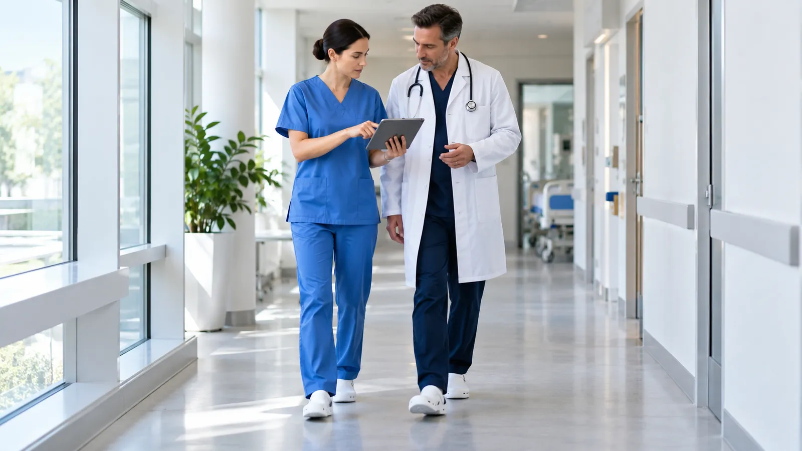 O asistentă în costum medical albastru și un medic în halat alb cu stetoscop discută pe holul unui spital, amândoi cu saboți medicali albi