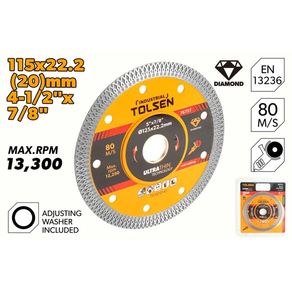 Disc diamantat de taiere continua ultra-subtire TOLSEN Industrial 115x22.2x1.2mm
