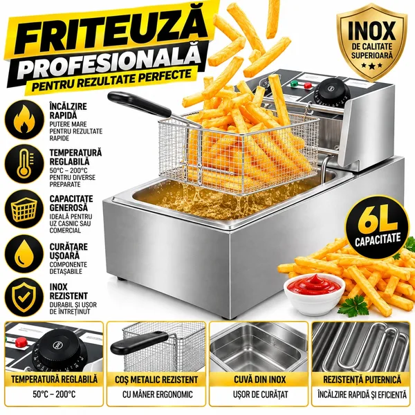 Friteuza Electrica Profesionala din Inox – Putere 2500W