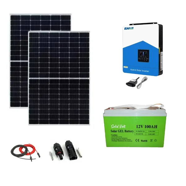 Kit solar fotovoltaic off grid invertor hibrid putere continua 2.2 KW 12V cu MPPT 60A