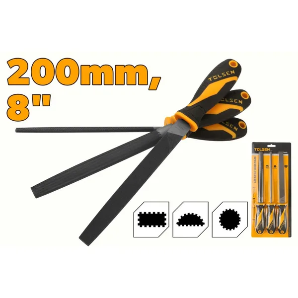 Set pile pentru metal TOLSEN 3 bucati 200 mm (8 inch): pila plata
