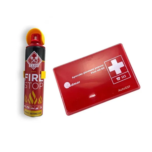 Set trusa AUTO de prim ajutor compacta + Stingator spray 1000 ml cu suport