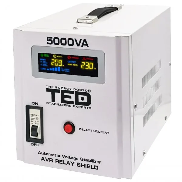 Stabilizator retea automat 5000VA 3000W cu Ecran LCD si Sinusoidala Pura cu 2 Iesiri Schuk